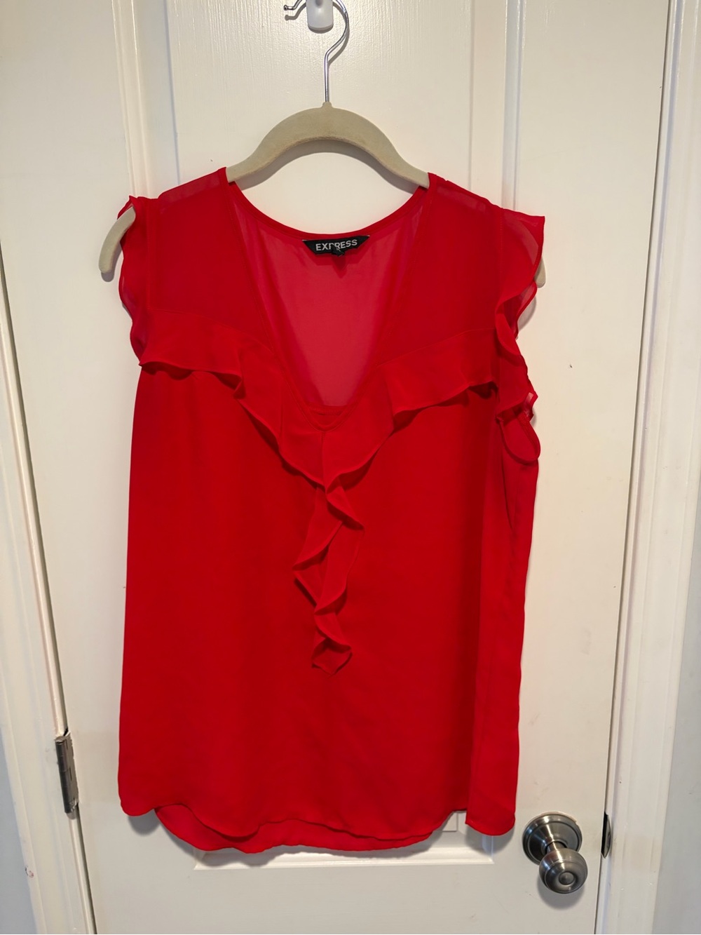 Express Red Ruffle V-Neck Cap Sleeve Blouse